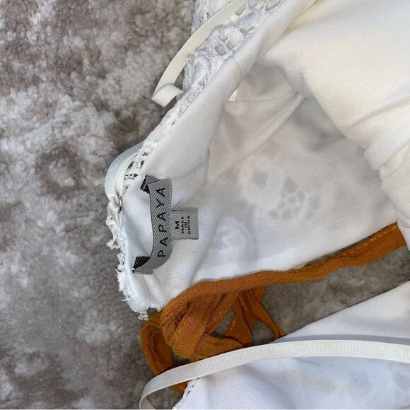 Papaya romper one piece jumpsuit romper burnt yellow bottom white lace top SZ M - Picture 12 of 12